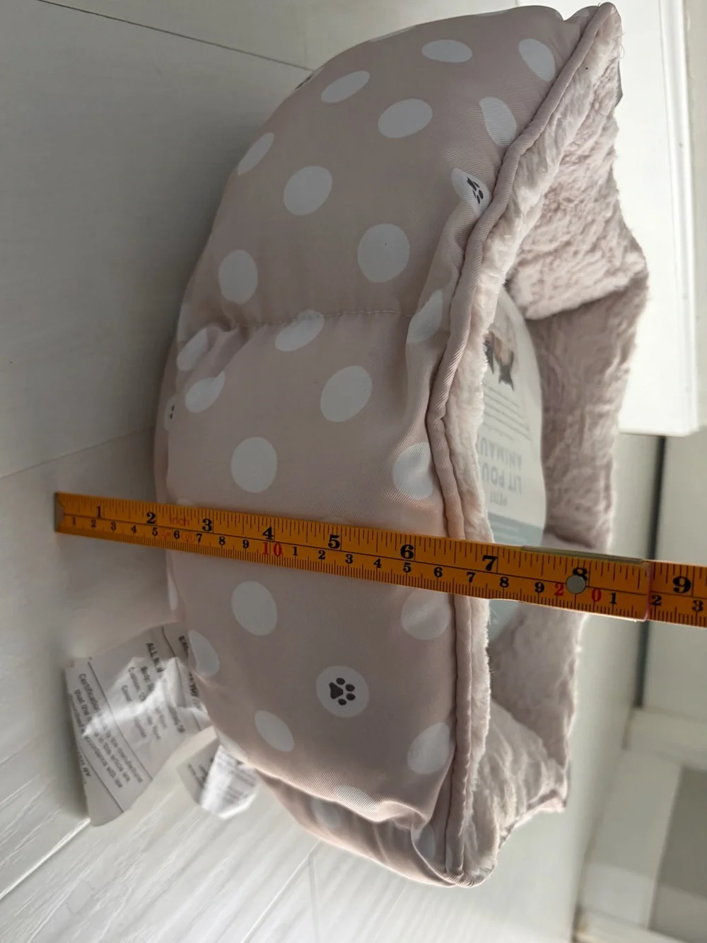 Fringe Studio Plush Hexagon Pet Bed w/Polka Dot Print and Cozy Beige Interior.